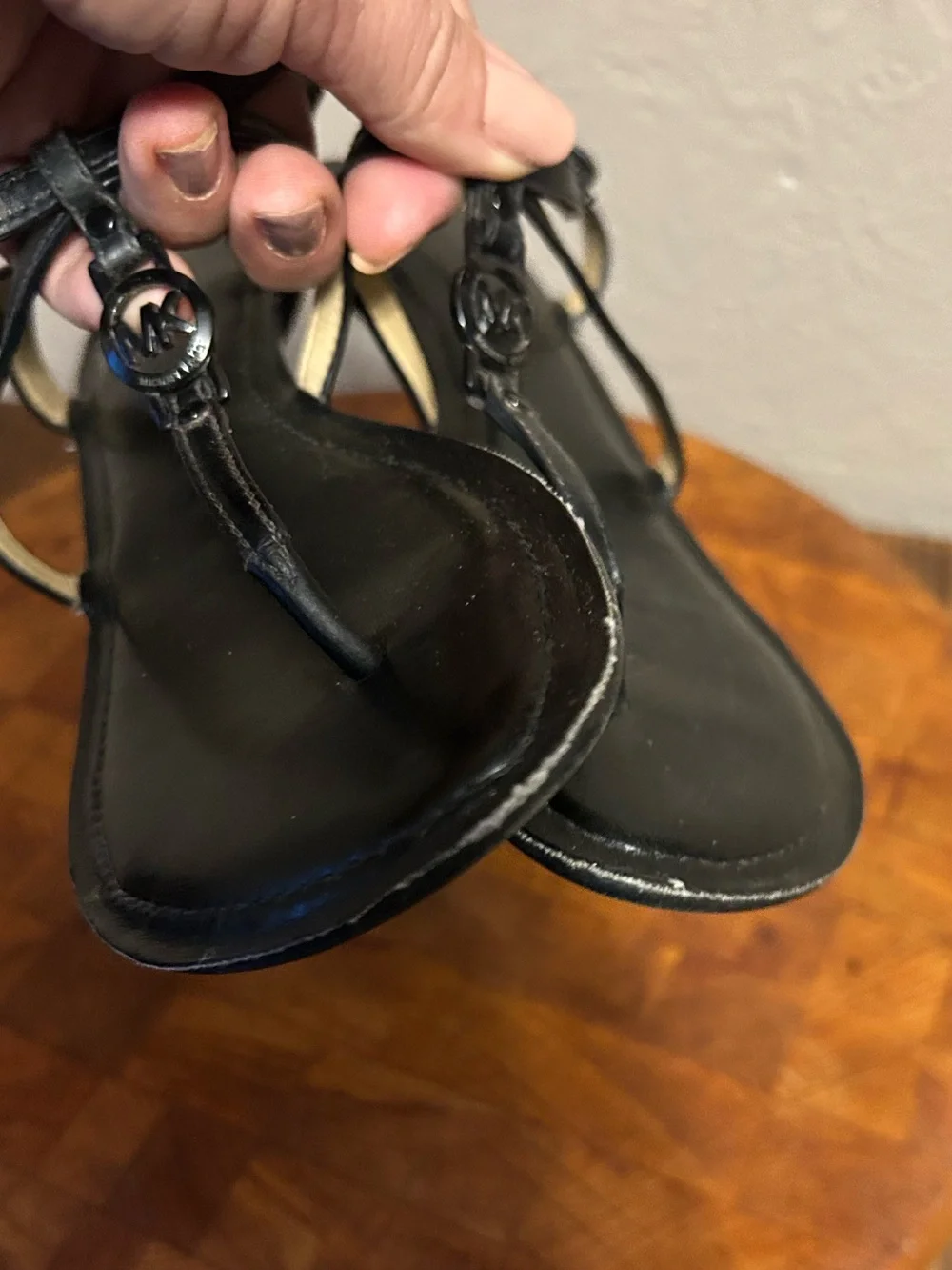 Michael Kors Black Leather Thong Sandals with Gold Accents
